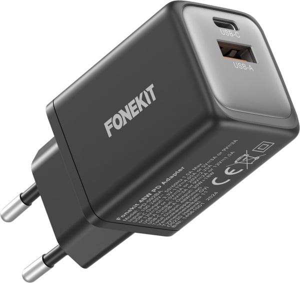 FoneKit GaN PD 48W -nätadapter, USB-C + USB-A, svart