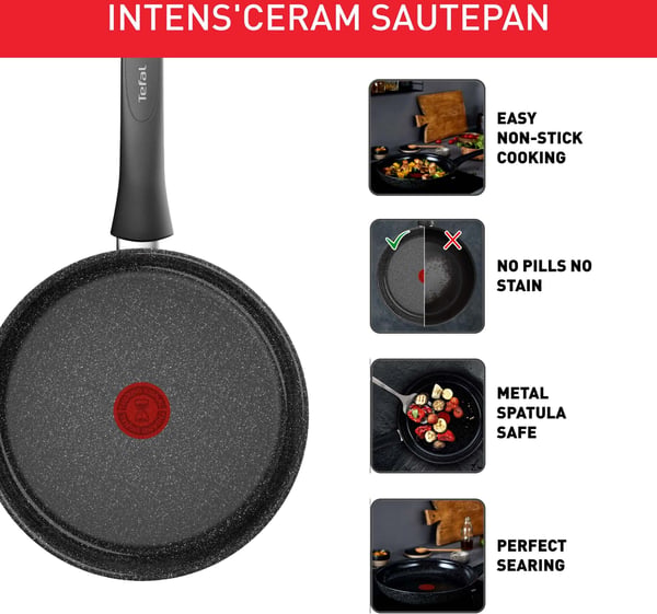 Tefal Intens'Ceram stegepande med glaslåg 24 cm/3,2 L, sort