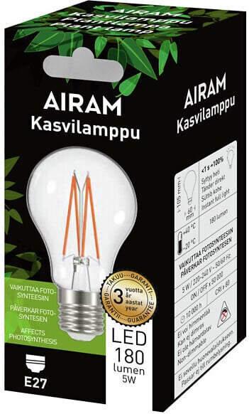 Airam LED plantelampe, E27, klar, filament 180 lm