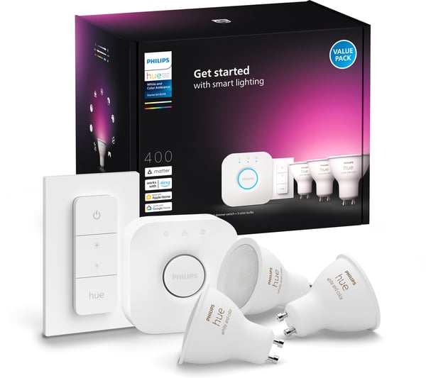 Philips Hue -LED-smartpære, BT, Hvid og farvet ambiance, GU10, 4,2 W, starterpakke