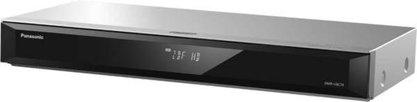 Panasonic DMR-UBC70EGS er en 4K UHD-skalerende Blu-ray-afspiller og 500 GB harddiskoptager, i sølvfarve.