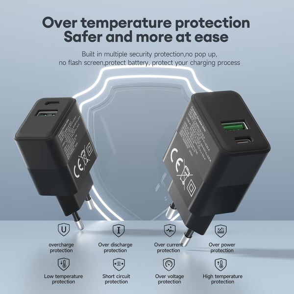FoneKit Double 20W laddare, USB-C + USB-A, svart