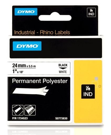 Dymo Rhino Industrial -permanent polyestertejp 24 mm x 5,5 m, svart med vit bakgrund