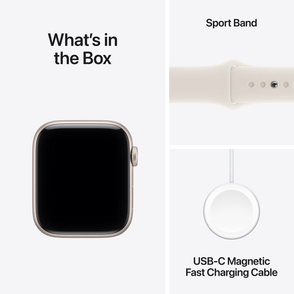Apple Watch SE 3 (GPS) 44 mm stjärnvit aluminiumburk och stjärnvit sportarmband, S/M