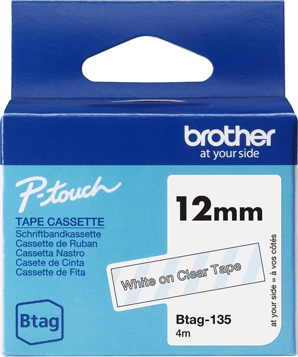Brother Btag-135 etikettband 12 mm x 4 m, vit med transparent bakgrund