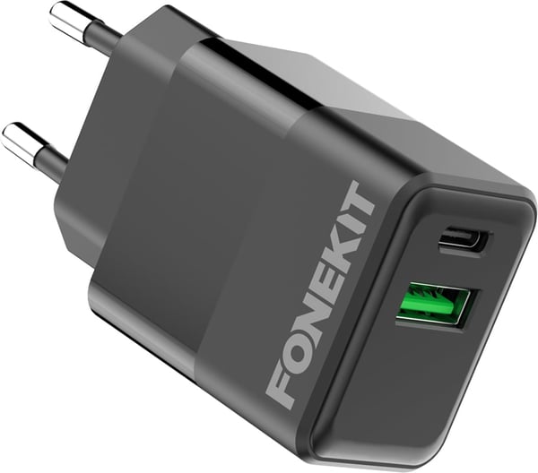 FoneKit Double 20W laddare, USB-C + USB-A, svart