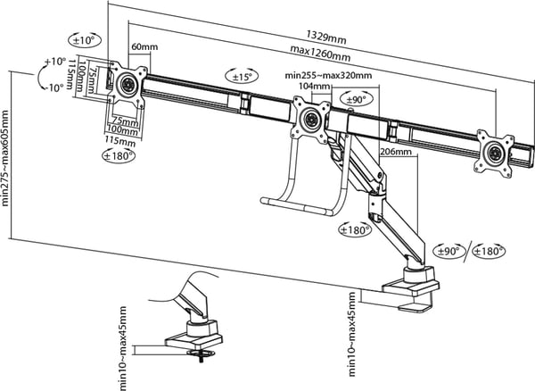 Neomounts NM-D775DX3 -monitorarm för tre skärmar, vit