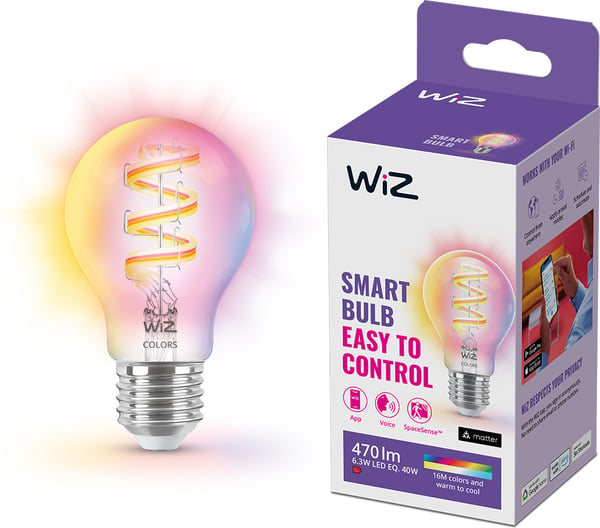 WiZ smartlampe, E27, A60, RGB, Wi-Fi, 2200-6500 K, 470 lm, klar, 1 stk.