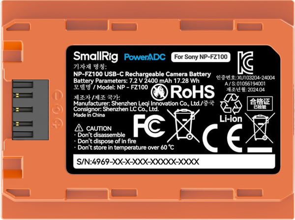 SmallRig 4969 NP-FZ100 USB-C genopladeligt kamerabatteri – Orange