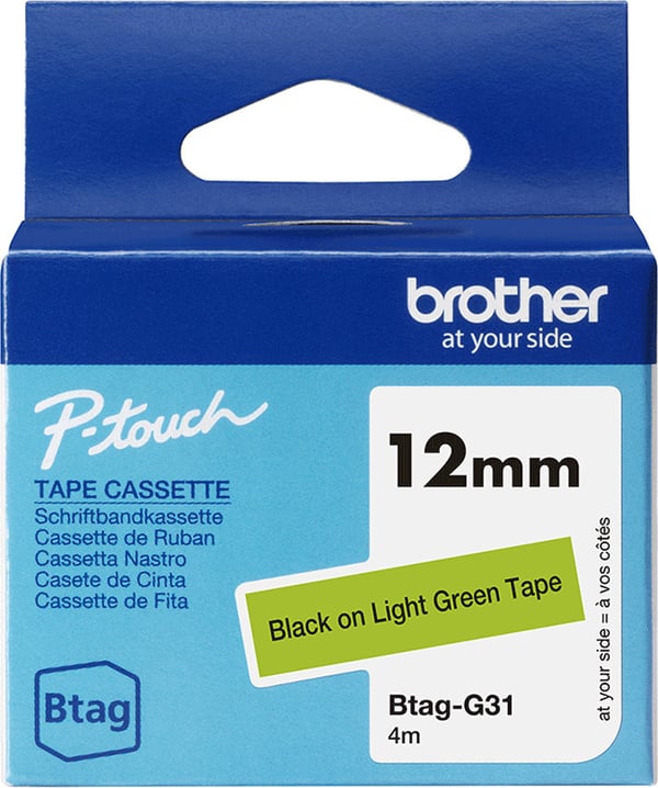 Brother Btag-G31 etikettband 12 mm x 4 m, svart på ljusgrön botten