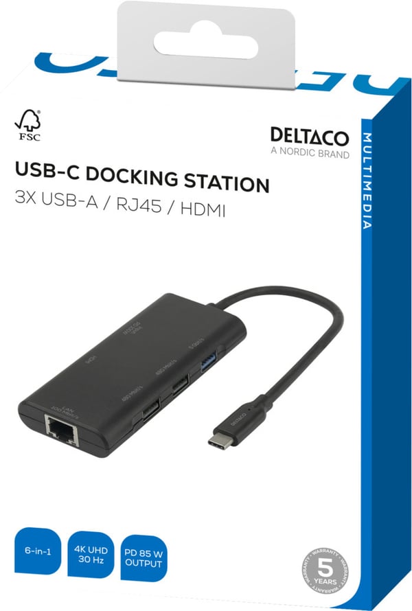 Deltaco 6-i-1 USB-C-hub, sort
