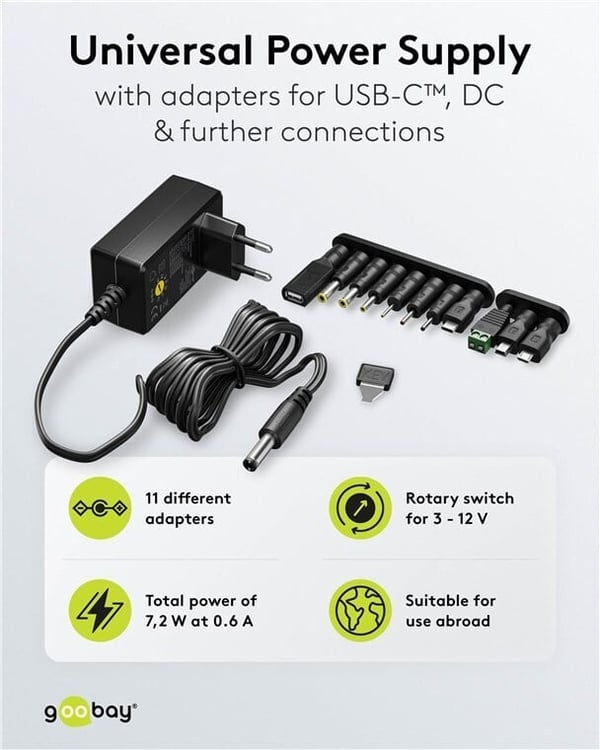 Goobay universalkraftadapter, 3-12 V, 7.2 W, 0.6 A