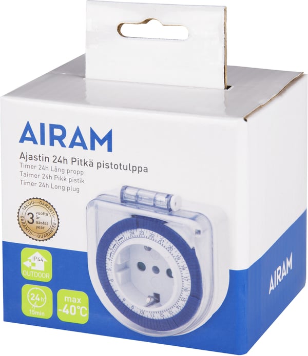 Airam TIDUR IP44, 24H, langt stikprop