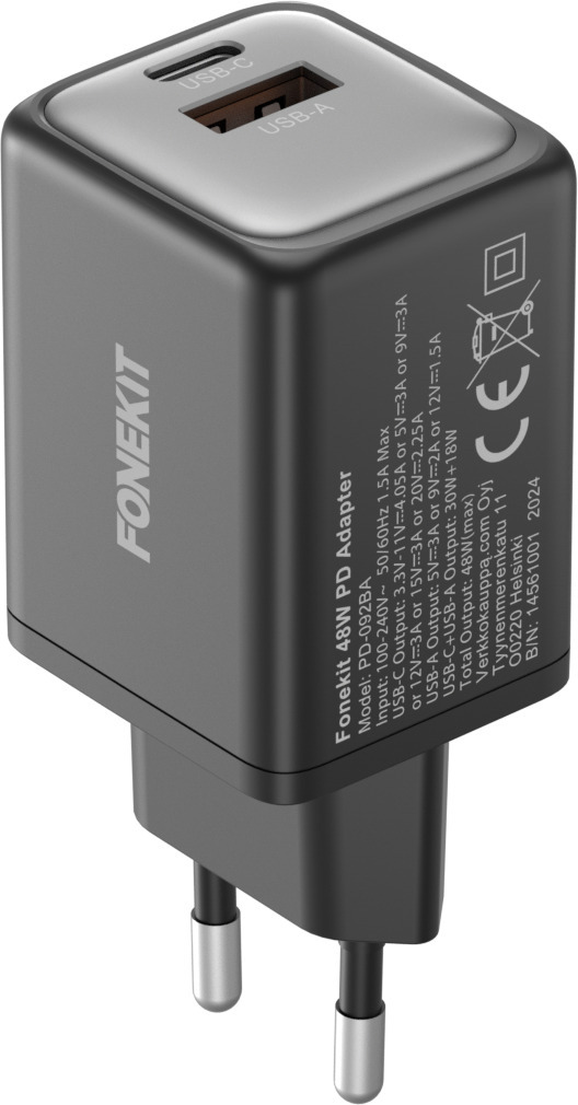 FoneKit GaN PD 48W -nätadapter, USB-C + USB-A, svart