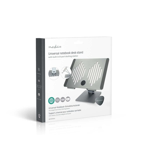 Nedis bärbar datorställ med USB-hubb, silver