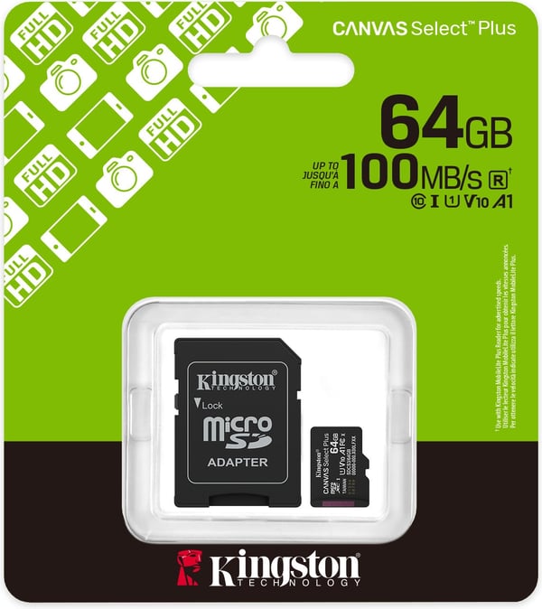 Kingston 64 GB Canvas Select Plus Gen3 UHS-I microSD minneskort + SD-adapter