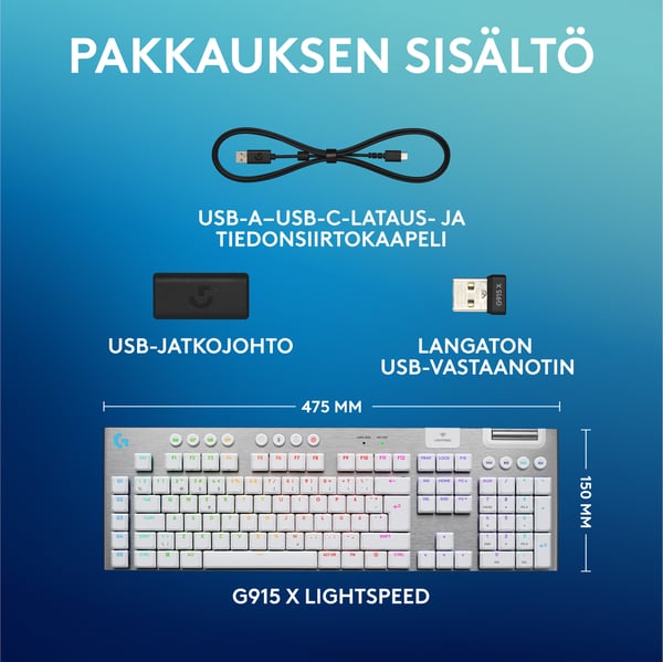 Logitech G915 X LIGHTSPEED - lavprofil gaming tastatur, Tactile switches, hvid