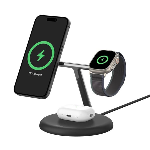 Belkin BoostCharge Pro 3-i-1 Qi2 trådløs ladestation med MagSafe, sort