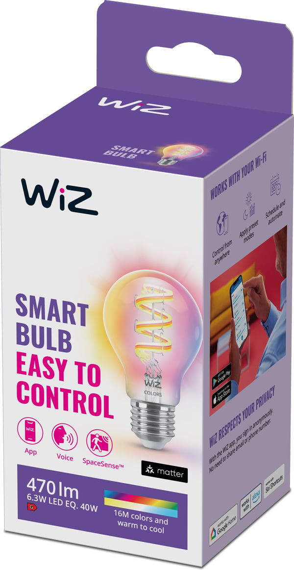 WiZ smartlampe, E27, A60, RGB, Wi-Fi, 2200-6500 K, 470 lm, klar, 1 stk.