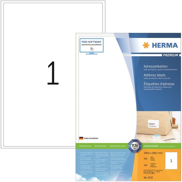 Herma Premium 4252 -tryk etiketter, 1-delt, 199,6 x 289,1 mm