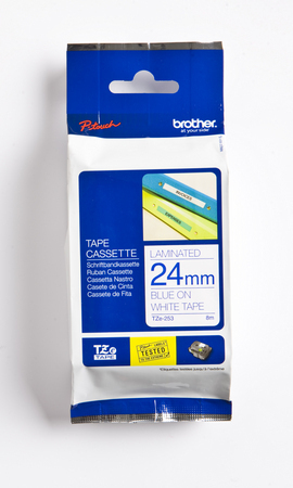 Brother TZe-253 -etikettband, 24 mm x 8 m, blå på vit botten