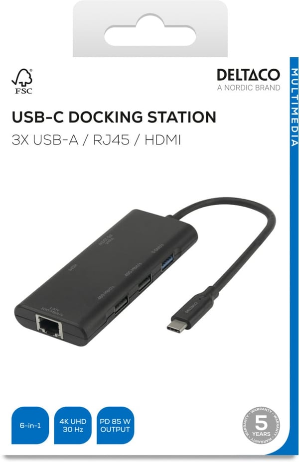 Deltaco 6-i-1 USB-C-hub, sort