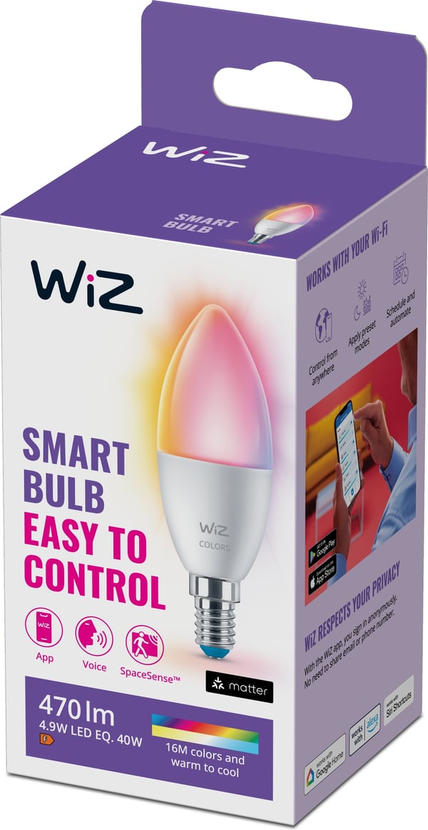 WiZ smartlampe, E14, RGBW - alle farver og nuancer af hvidt lys, Wi-Fi, 470 lm