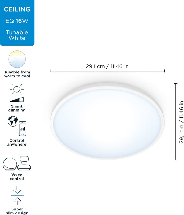 WiZ SuperSlim -loftlampe, rund, hvid, 16 W, justerbar hvidt lys, Wi-Fi.