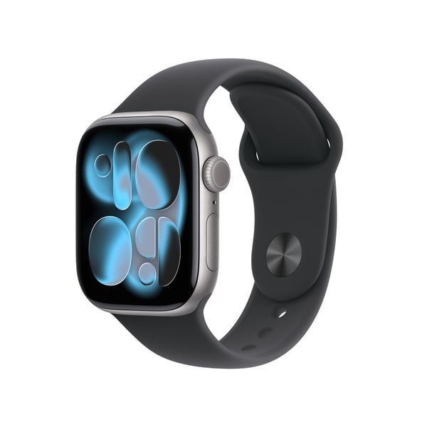 Apple Watch Series 11 (GPS) 42 mm stjärngrå aluminiumhölje och svart sportarmband, M/L