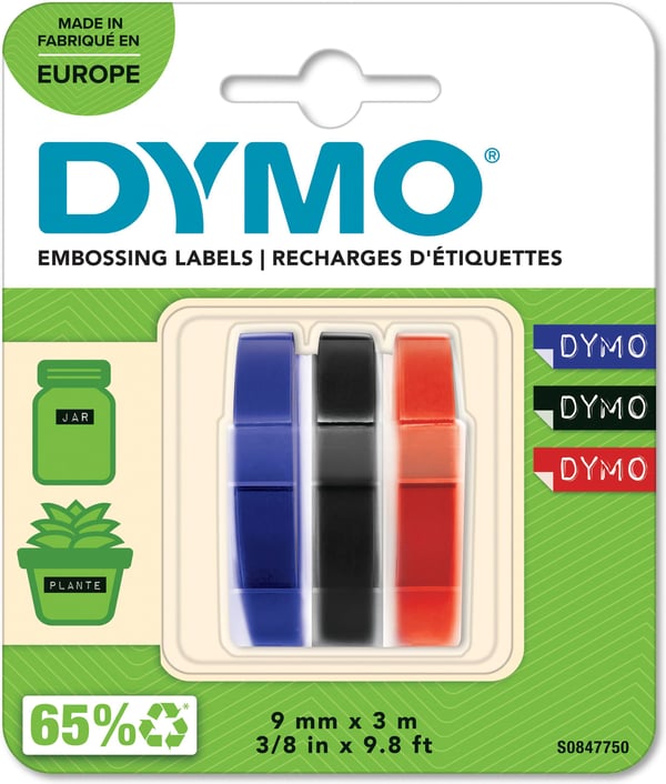 Dymo 3D reliefskrivningstejp 9 mm x 3 m, 3 olika färger