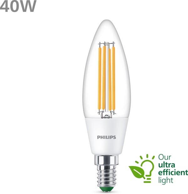 Philips Ultra Effektiv LED-lys, E14, 3000K, 485 lm, klar overflade