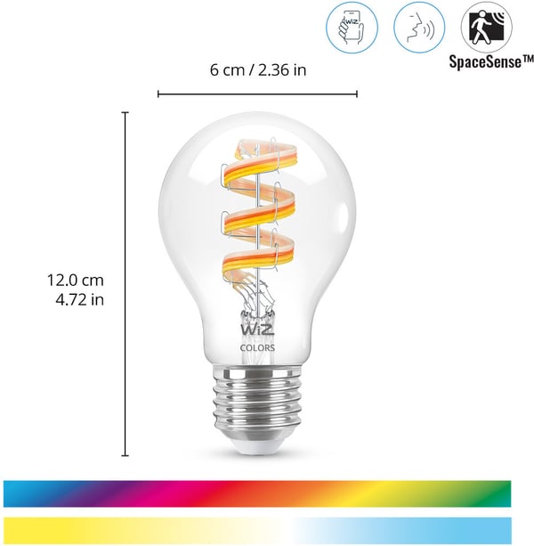 WiZ smartlampe, E27, A60, RGB, Wi-Fi, 2200-6500 K, 470 lm, klar, 1 stk.