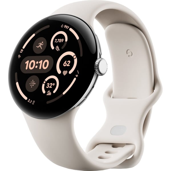 Google Pixel Watch 3 WiFi -smartwatch, 45 mm, porcelæn / poleret sølv