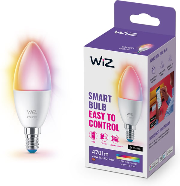 WiZ smartlampe, E14, RGBW - alle farver og nuancer af hvidt lys, Wi-Fi, 470 lm