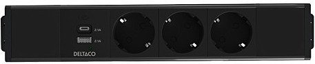 DELTACO strømpanel, 3 udtag, 1x21W A+C USB-oplader, GST18-tilslutning, kædning