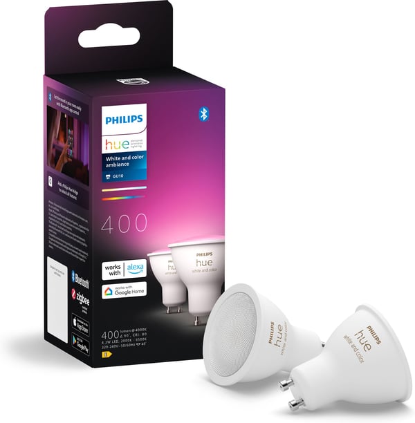 Philips Hue -LED-pære, BT, Hvid og farve stemning, GU10, 4,2 W, 2-pak