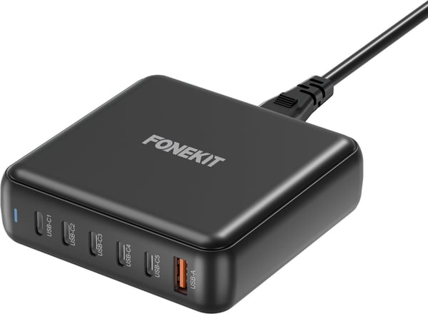 FoneKit GaN PD 200W -nätadapter, USB-A + 5 x USB-C, svart