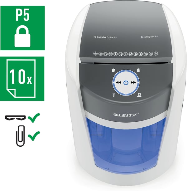 Leitz IQ OptiMax -papirkutter, P5, hvid