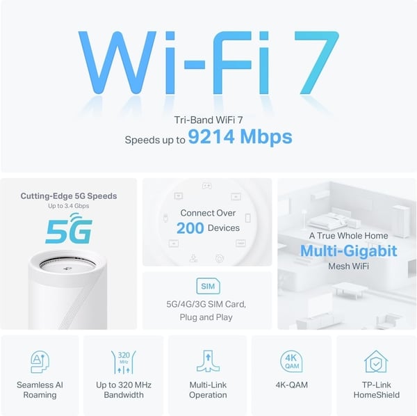 TP-LINK Deco BE65-5G Tri-Band 5G/4G/3G-modem och WiFi 7-basstation
