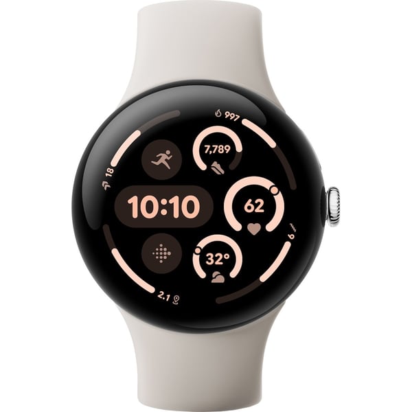 Google Pixel Watch 3 WiFi -smartwatch, 45 mm, porcelæn / poleret sølv