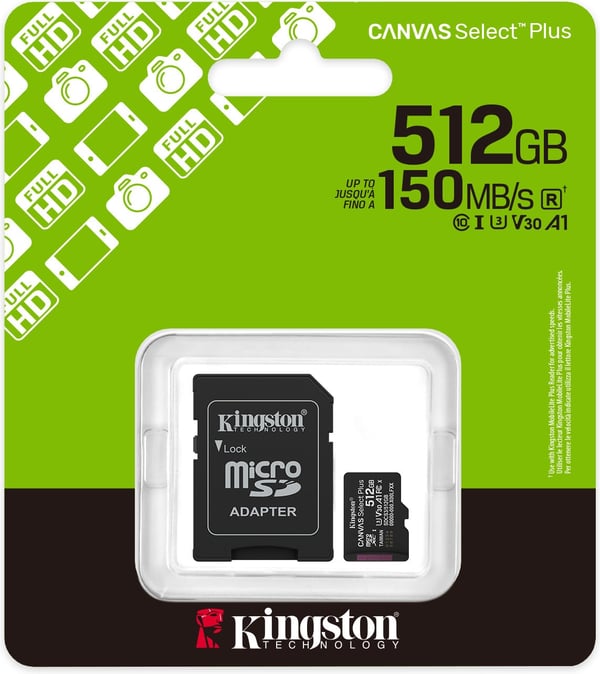 Kingston 512 GB Canvas Select Plus Gen3 UHS-I microSD minneskort + SD-adapter