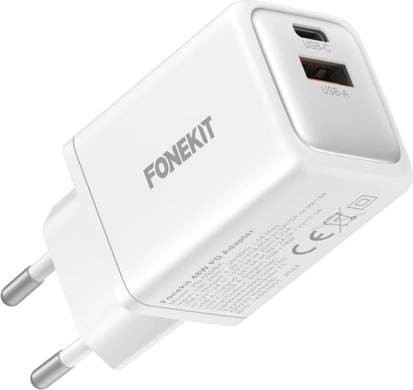 FoneKit GaN PD 48W -väggladdare, USB-C + USB-A, vit