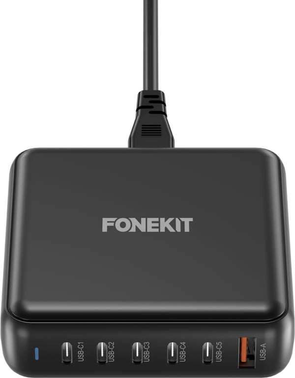 FoneKit GaN PD 200W -nätadapter, USB-A + 5 x USB-C, svart