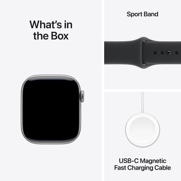 Apple Watch Series 11 (GPS) 42 mm stjärngrå aluminiumhölje och svart sportband, S/M