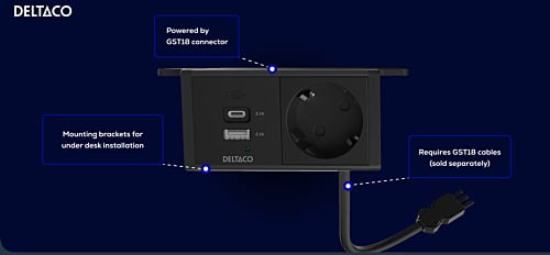 DELTACO strømpanel, 1 stik, 1x21W A+C USB-lader, GST18-kontakt