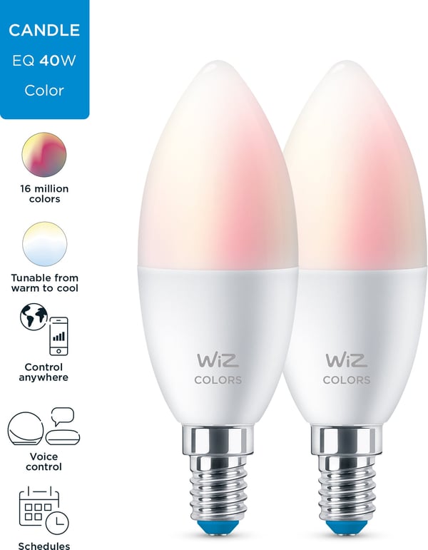 WiZ smartlampe, E14, RGBW - alle farver og nuancer af hvidt lys, Wi-Fi, 470 lm, 2-pak