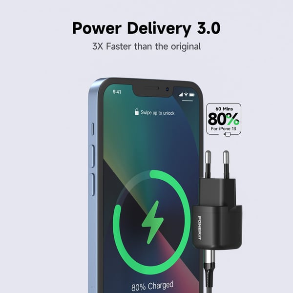 FoneKit Mini 20W laddare, USB-C, svart