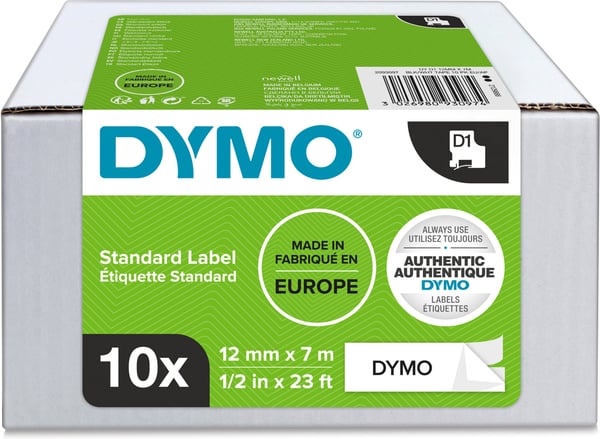 Dymo D1-tejp 12 mm x 7 m, svart på vit botten, 10 st förpackning