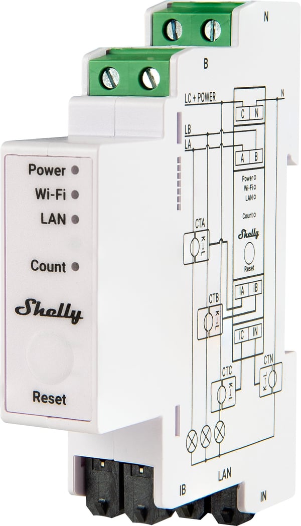 Shelly Pro 3EM DIN-skinne energimåler, 3-fase