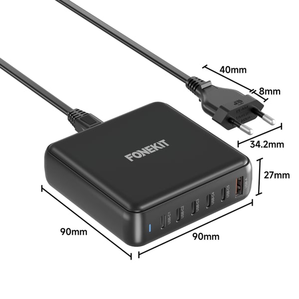 FoneKit GaN PD 200W -nätadapter, USB-A + 5 x USB-C, svart